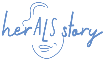Logo of 'herALS story' with a stylized face轮廓 on a white background