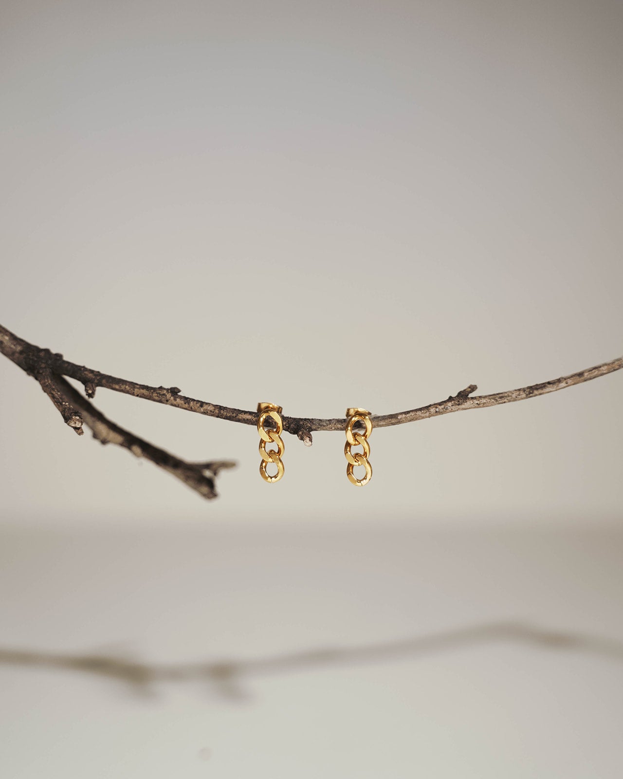 A pair of small gold huggie hoop earrings hanging from a thin natural twig against a soft light gray background.