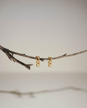 A pair of small gold huggie hoop earrings hanging from a thin natural twig against a soft light gray background.