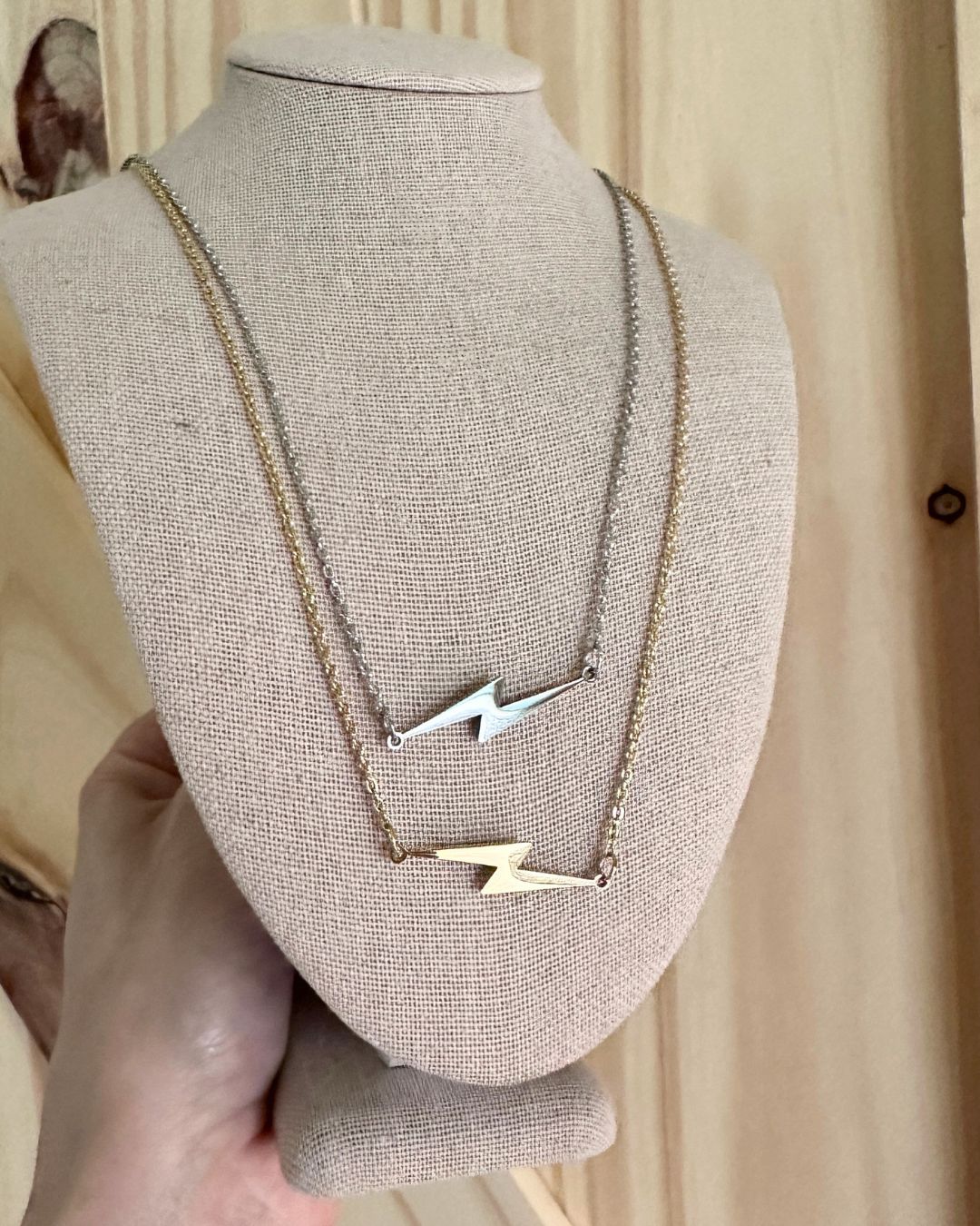silver and gold lightning bolt necklaces