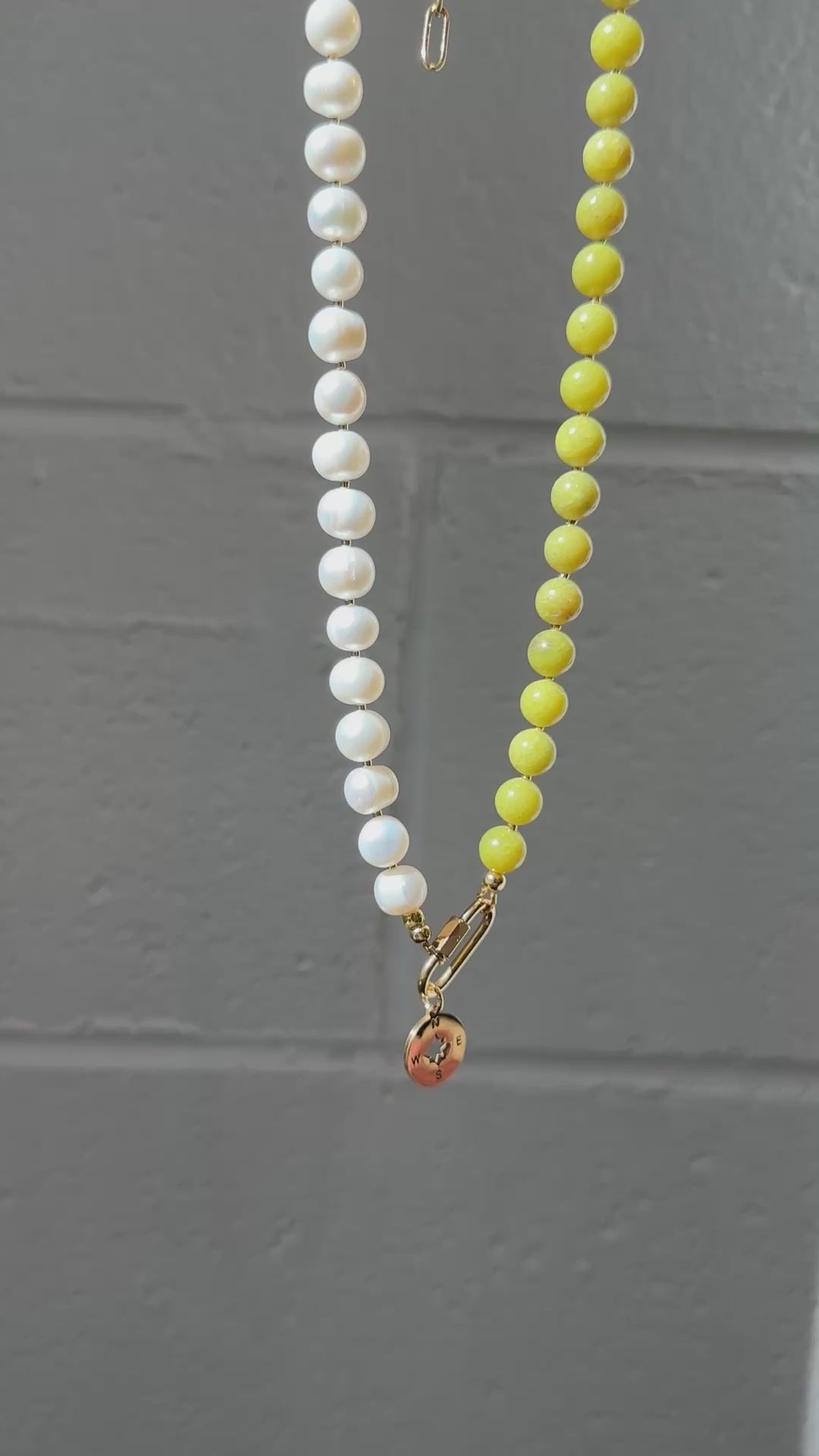 Olive Jade + Pearl Carabiner Necklace