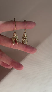 video of cicada earrings hanging from a finger